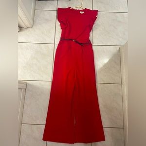 Deep Red Ruffled shoulder Jumpsuit with belt & pockets- Size 4 by Calvin Klein